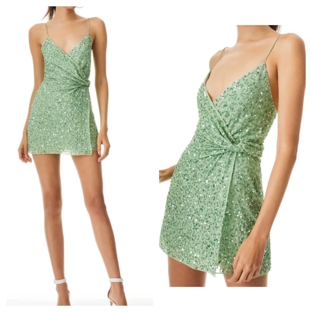ALICE + OLIVIA CELESTINE EMBROIDERED WRAP DRAPED MINI DRESS - Picture 4 of 15